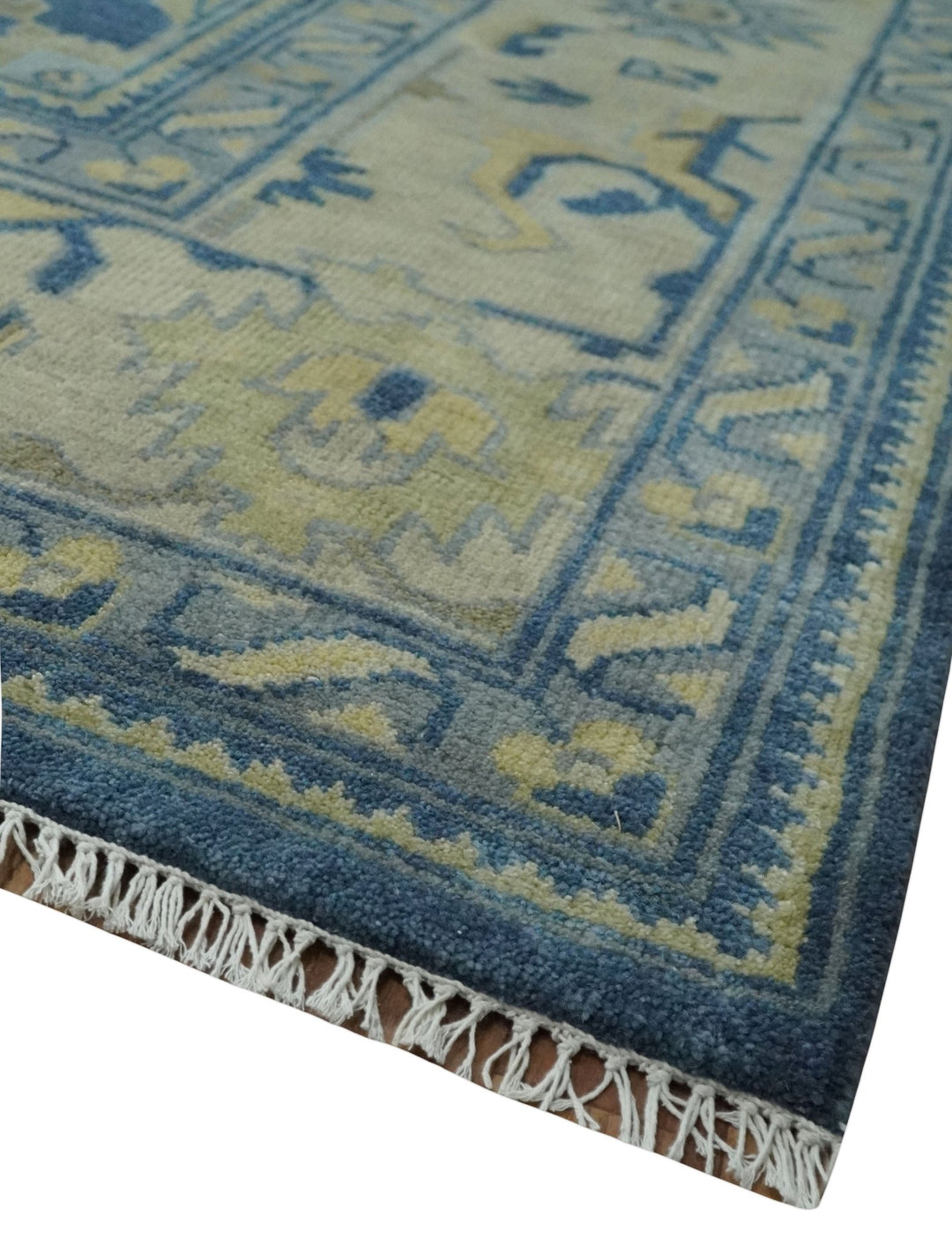Ready to Ship 9x12 Hand Knotted Blue and Beige Traditional Oushak Wool Rug - The Rug Decor