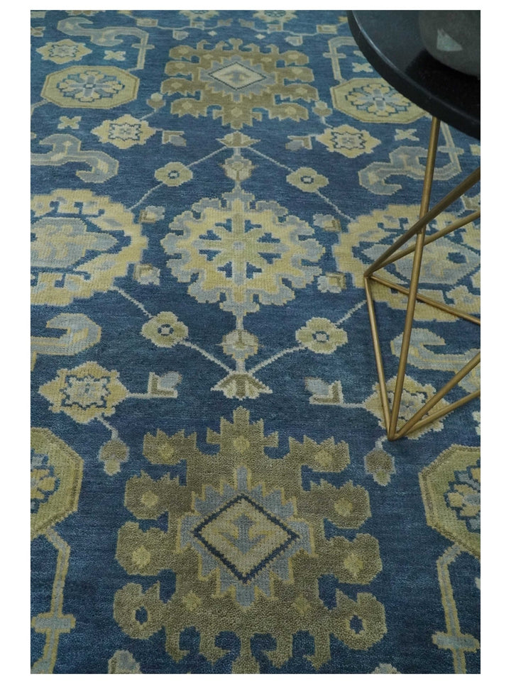 Ready to Ship 9x12 Hand Knotted Blue and Beige Traditional Oushak Wool Rug - The Rug Decor