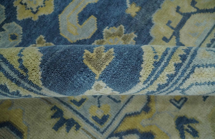 Ready to Ship 9x12 Hand Knotted Blue and Beige Traditional Oushak Wool Rug - The Rug Decor