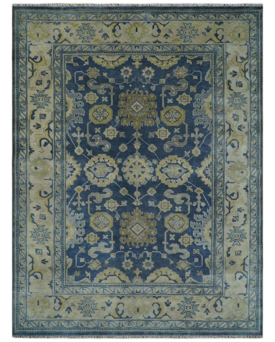 Ready to Ship 9x12 Hand Knotted Blue and Beige Traditional Oushak Wool Rug - The Rug Decor