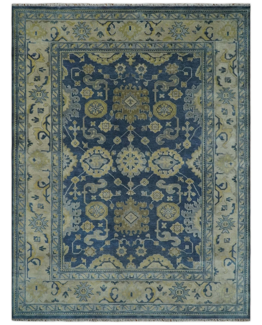 Ready to Ship 9x12 Hand Knotted Blue and Beige Traditional Oushak Wool Rug - The Rug Decor