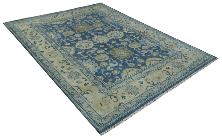 Ready to Ship 9x12 Hand Knotted Blue and Beige Traditional Oushak Wool Rug - The Rug Decor