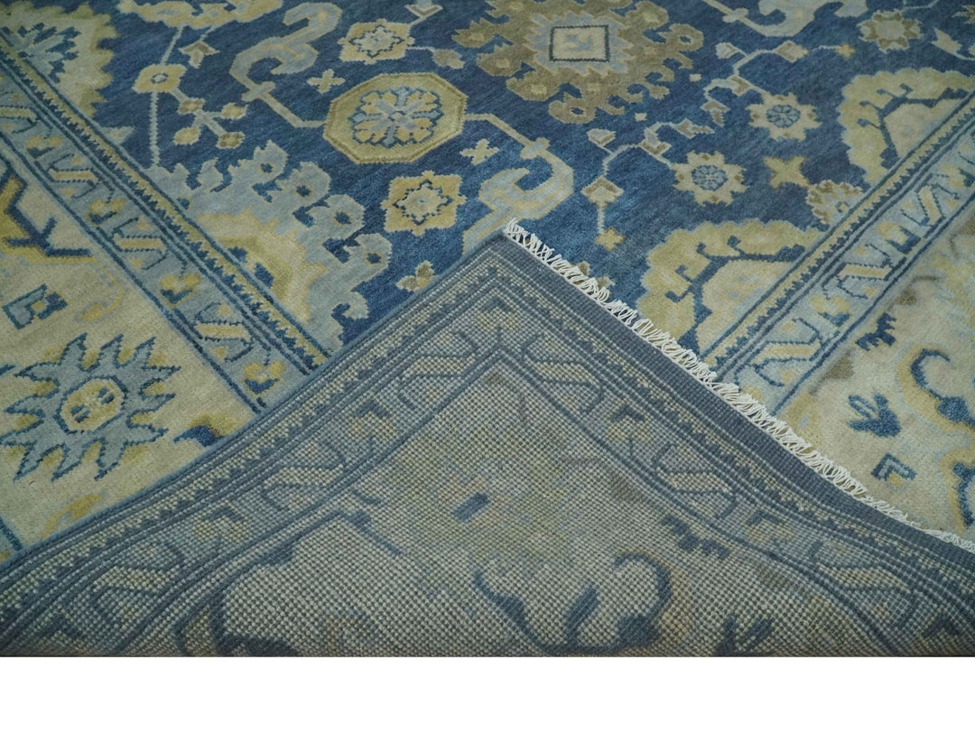 Ready to Ship 9x12 Hand Knotted Blue and Beige Traditional Oushak Wool Rug - The Rug Decor