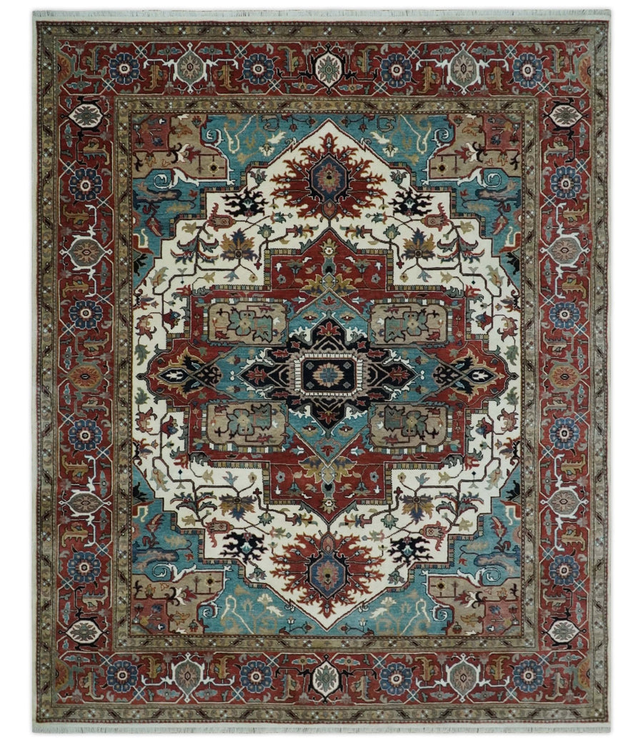 Ready to Ship Blue, Rust and Ivory 8x10 Hand knotted Traditional Wool Area Rug - The Rug Decor