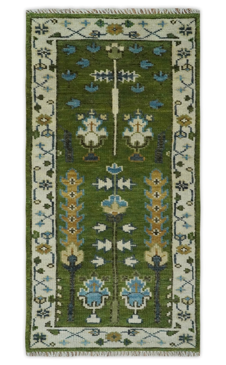 Ready to Ship Hand Knotted Green and Ivory Traditional Wool Area Rug - The Rug Decor