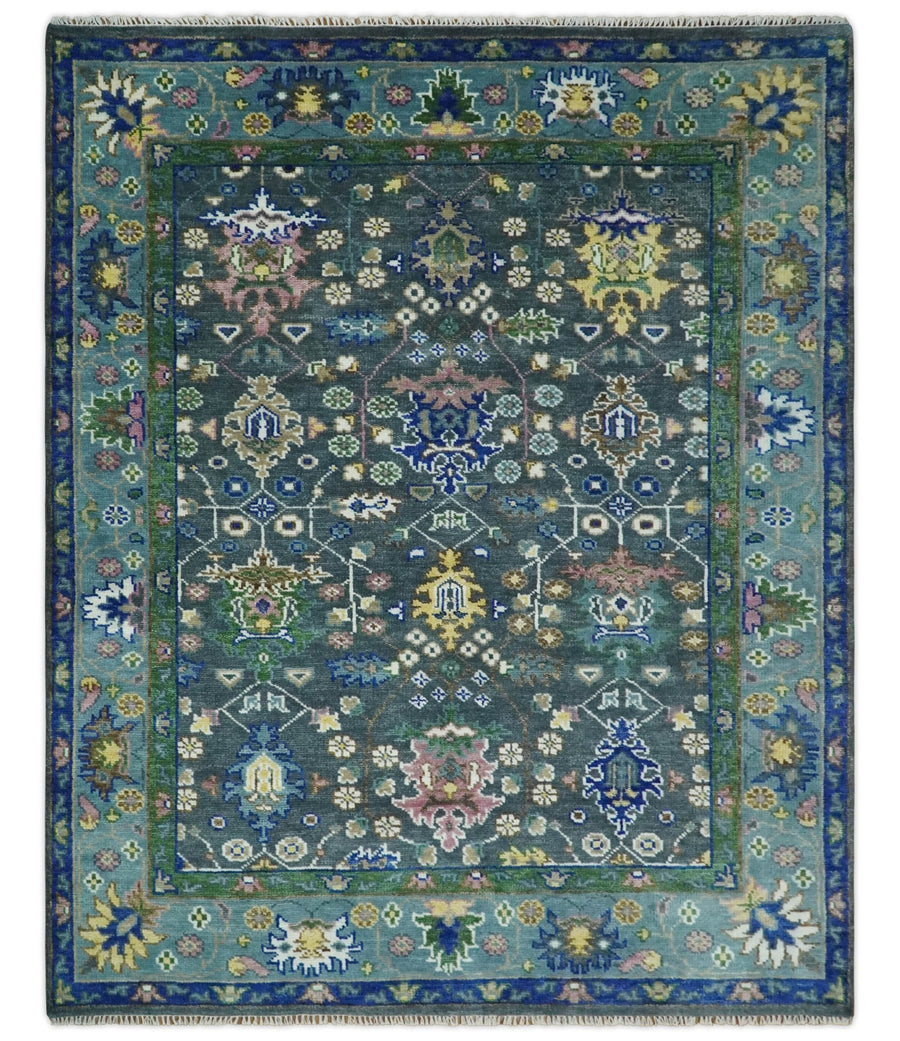 Ready to Ship Hand Knotted Green Moss and Blue Traditional Turkish Design Wool Rug - The Rug Decor
