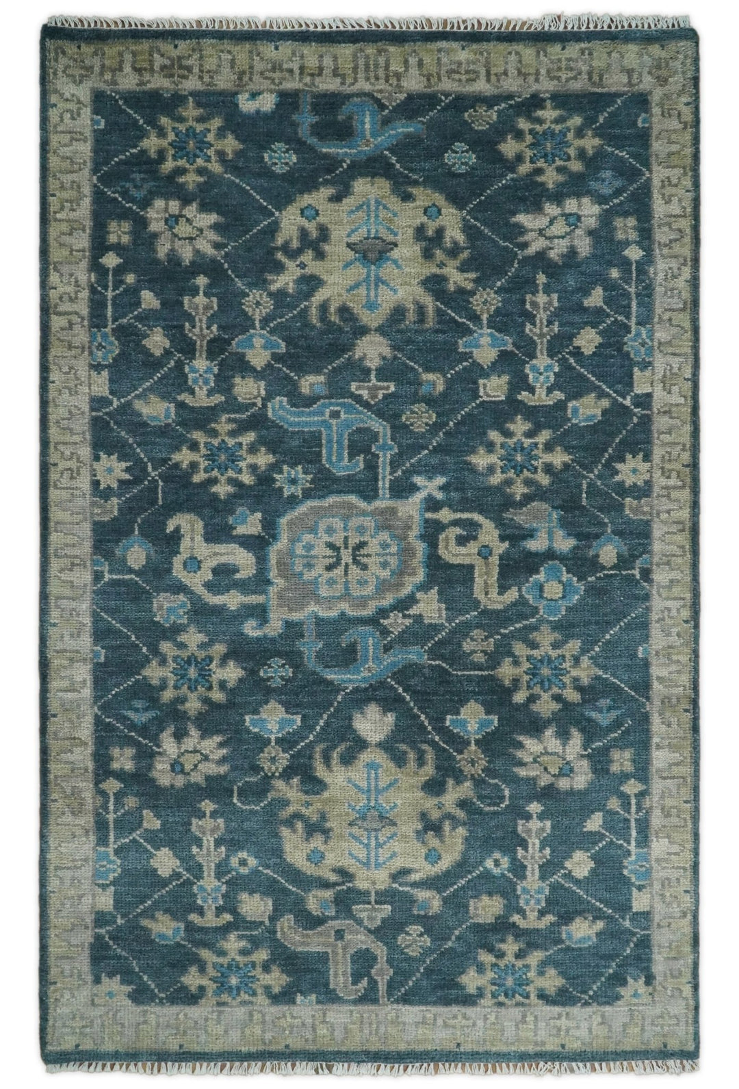 Ready to Ship Hand Knotted Oriental Turkish Oushak Blue and Camel Wool Area Rug - The Rug Decor