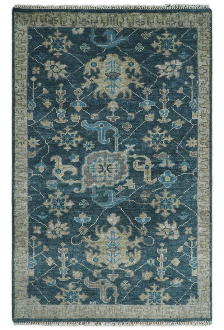 Ready to Ship Hand Knotted Oriental Turkish Oushak Blue and Camel Wool Area Rug - The Rug Decor