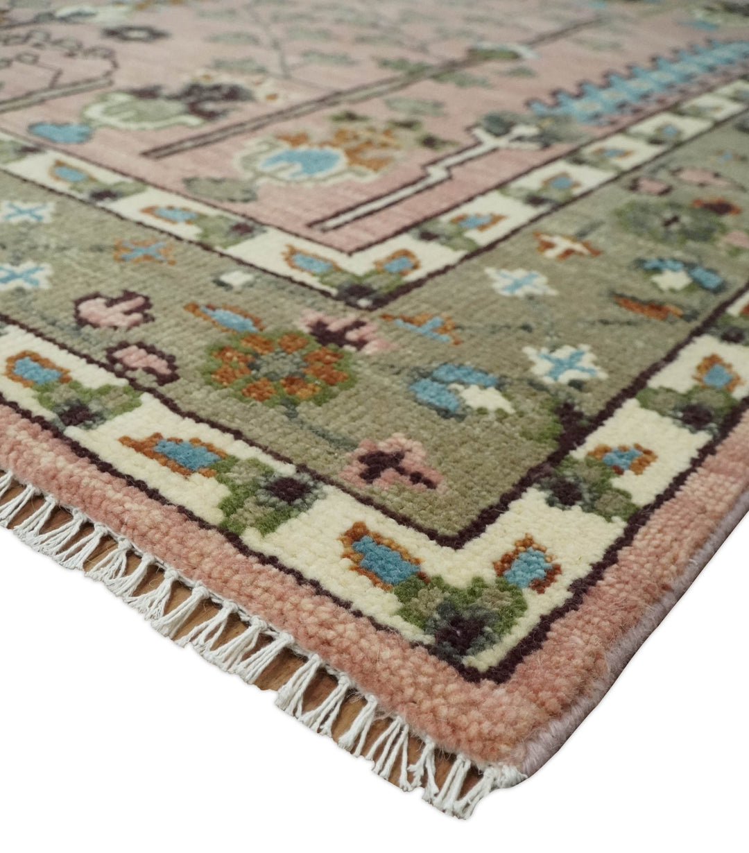 Ready to Ship Pink, Olive and Beige Traditional Vintage Style Tree Wool Rug - The Rug Decor