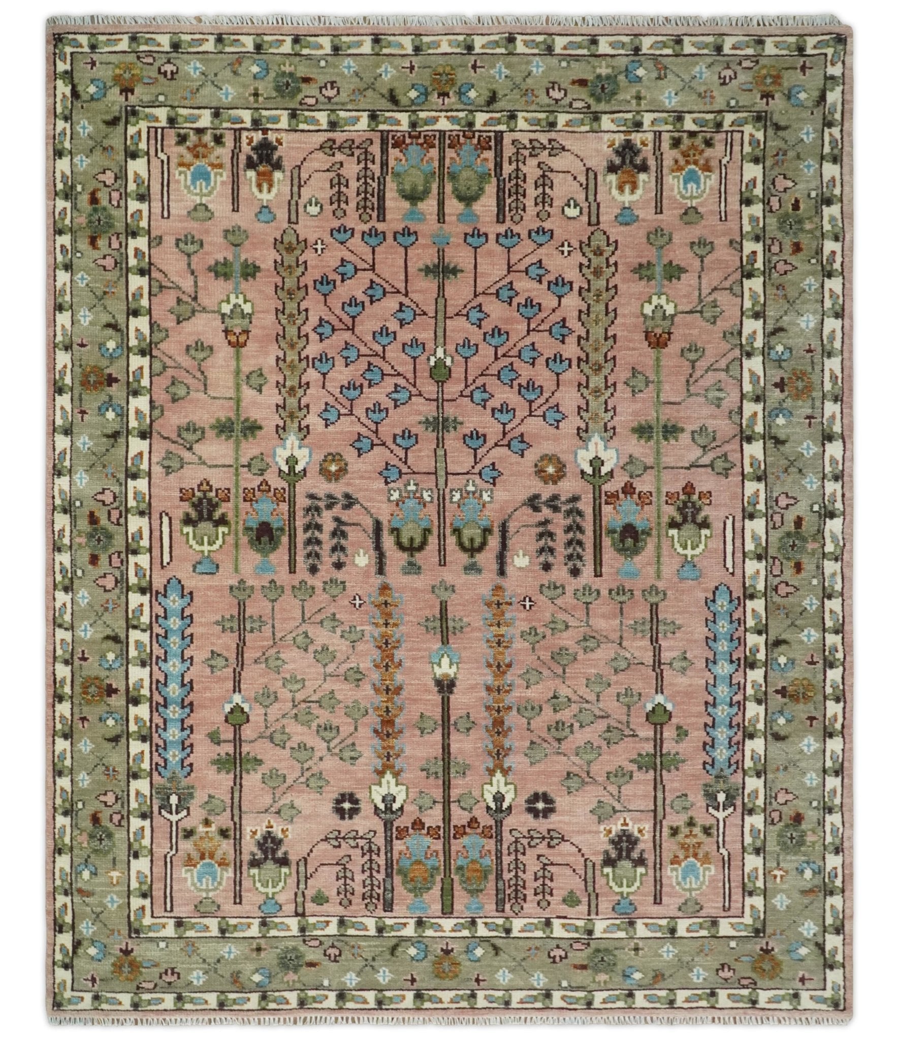 Multi size Pink, Olive and Beige Traditional Vintage Wool Rug The Rug