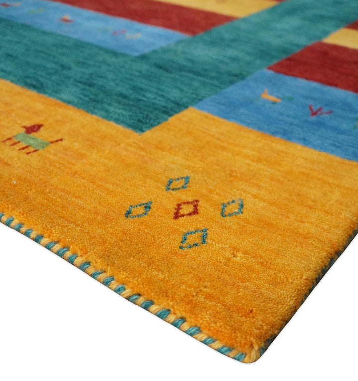Red, Blue, Yellow and Green Striped Wool Hand Woven Southwestern Lori Gabbeh Rug| KNT17 - The Rug Decor