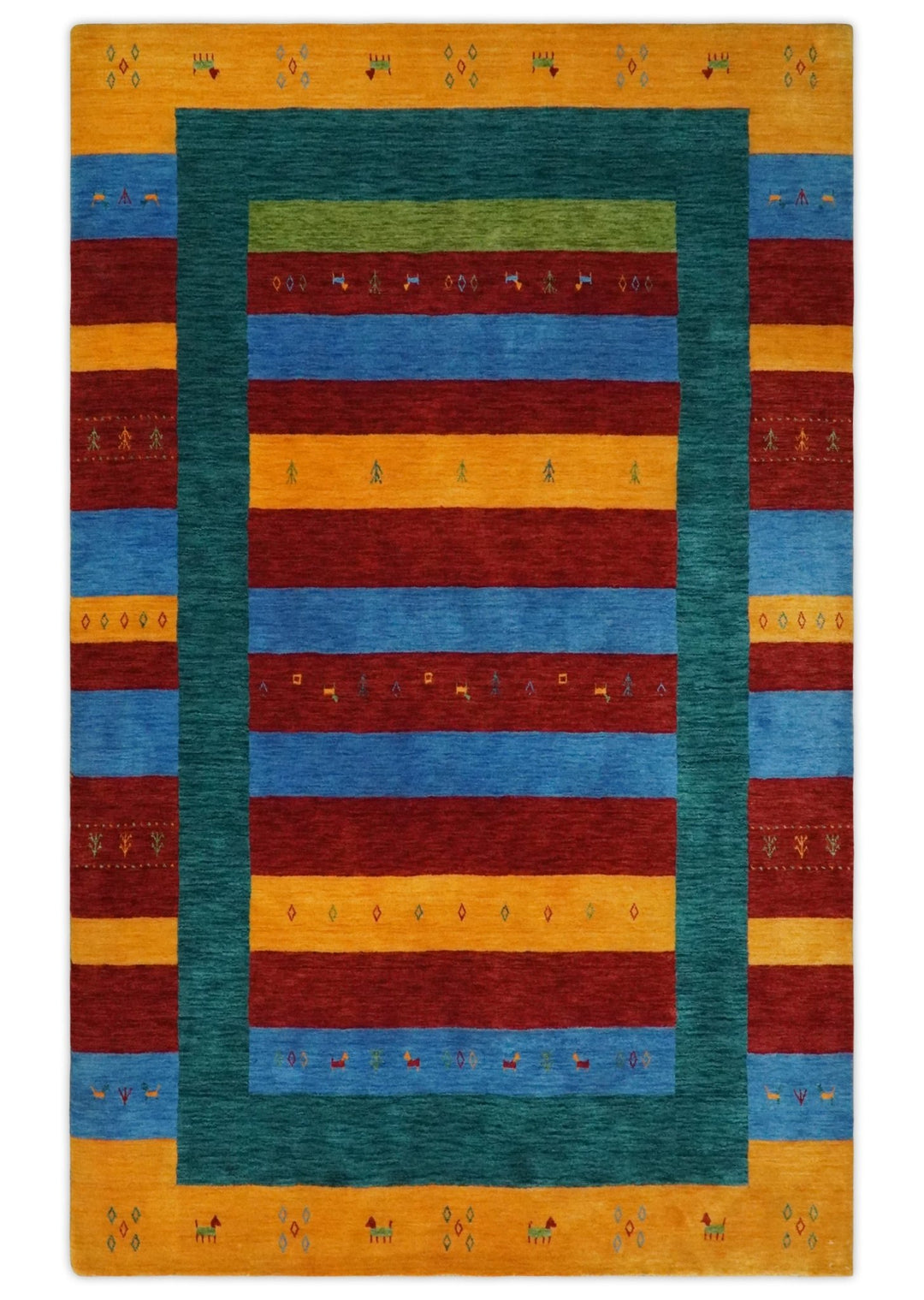 Red, Blue, Yellow and Green Striped Wool Hand Woven Southwestern Lori Gabbeh Rug| KNT17 - The Rug Decor