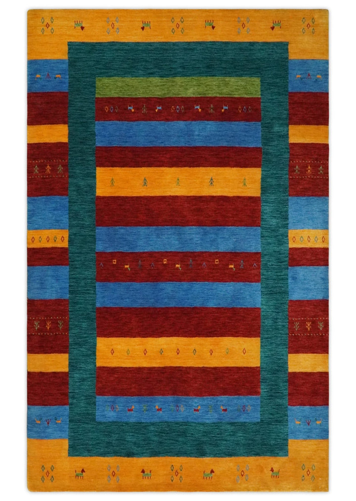 Red, Blue, Yellow and Green Striped Wool Hand Woven Southwestern Lori Gabbeh Rug| KNT17 - The Rug Decor