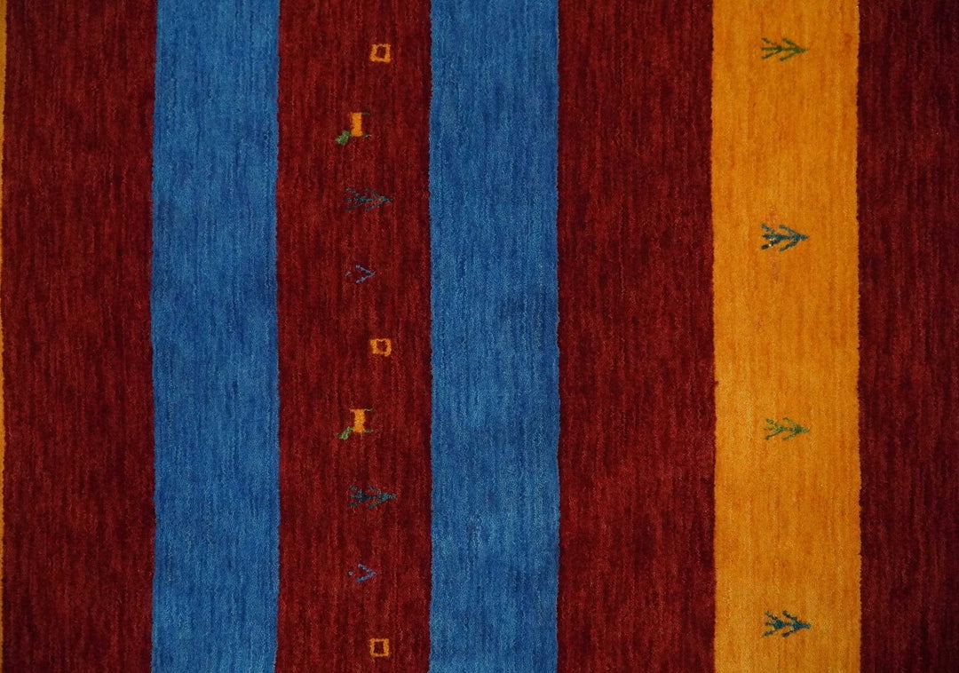 Red, Blue, Yellow and Green Striped Wool Hand Woven Southwestern Lori Gabbeh Rug| KNT17 - The Rug Decor