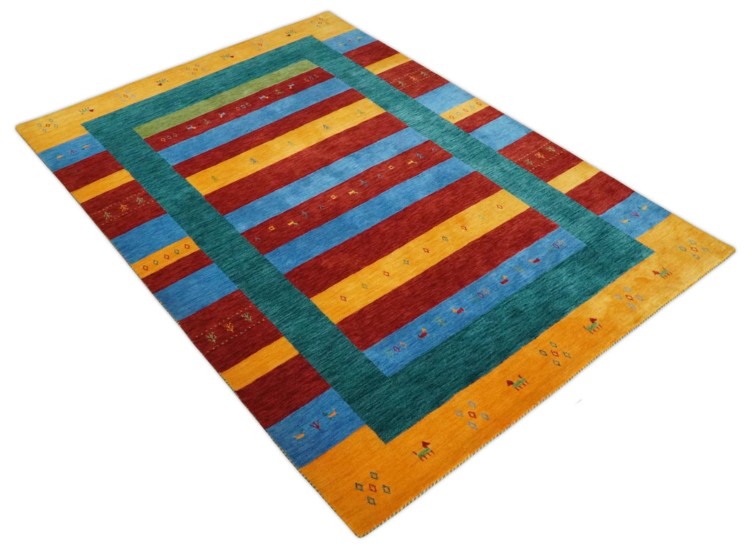 Red, Blue, Yellow and Green Striped Wool Hand Woven Southwestern Lori Gabbeh Rug| KNT17 - The Rug Decor