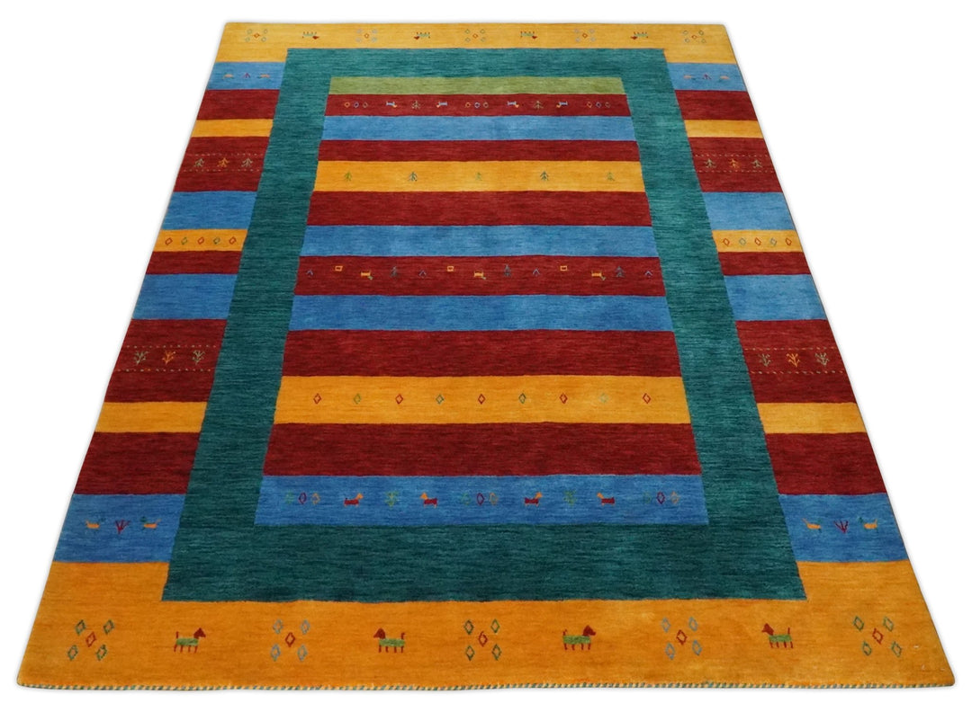 Red, Blue, Yellow and Green Striped Wool Hand Woven Southwestern Lori Gabbeh Rug| KNT17 - The Rug Decor
