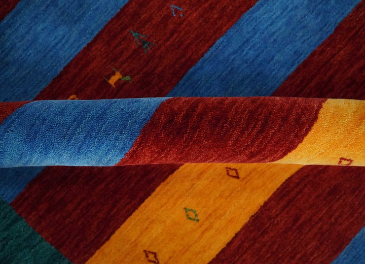 Red, Blue, Yellow and Green Striped Wool Hand Woven Southwestern Lori Gabbeh Rug| KNT17 - The Rug Decor