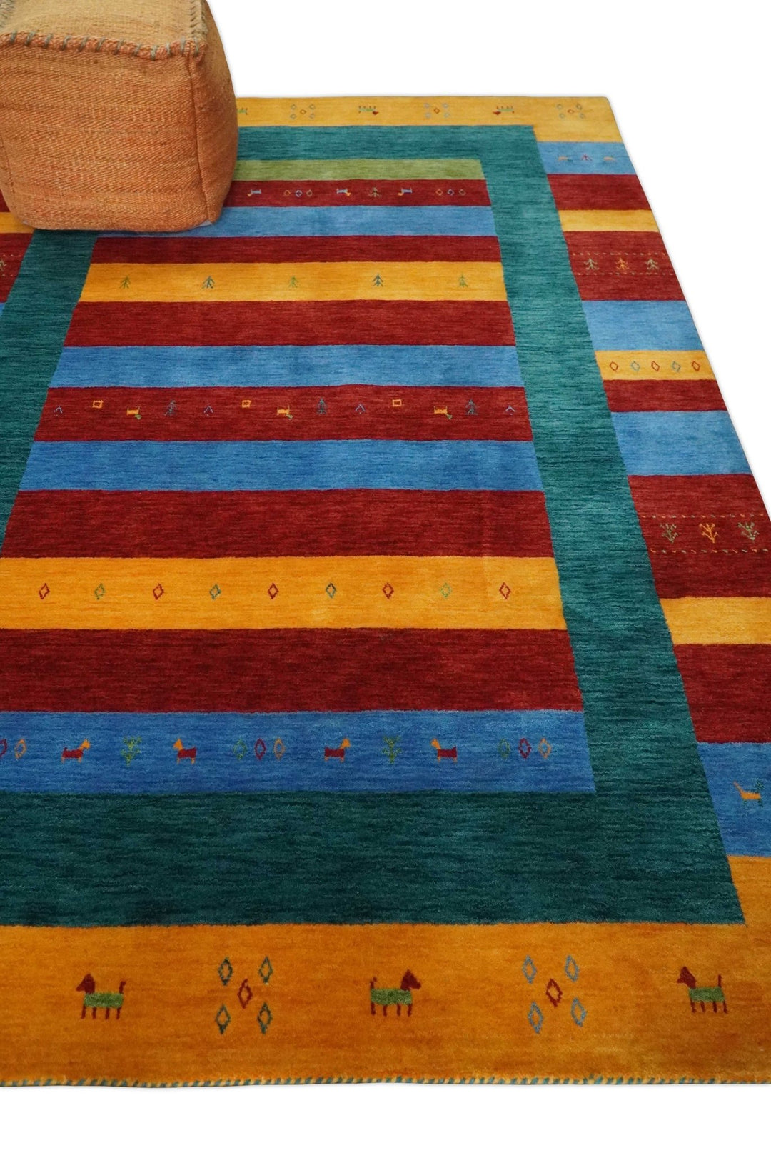 Red, Blue, Yellow and Green Striped Wool Hand Woven Southwestern Lori Gabbeh Rug| KNT17 - The Rug Decor