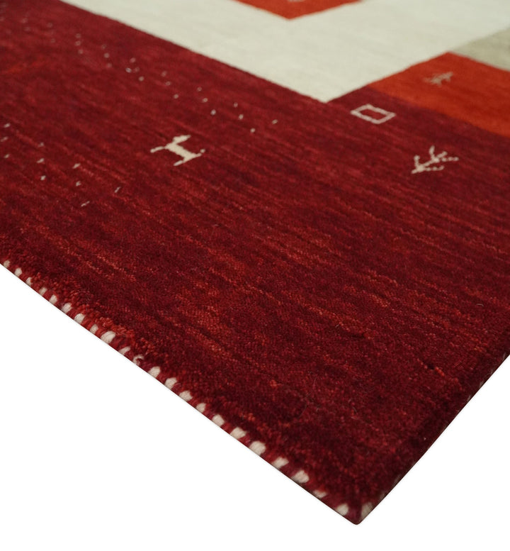 Red, Maroon and Beige Striped Wool Hand Woven Southwestern Lori Gabbeh Rug| KNT26 - The Rug Decor