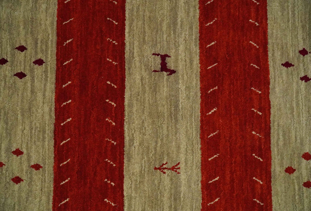 Red, Maroon and Beige Striped Wool Hand Woven Southwestern Lori Gabbeh Rug| KNT26 - The Rug Decor