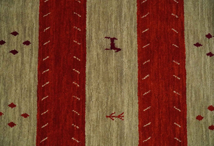 Red, Maroon and Beige Striped Wool Hand Woven Southwestern Lori Gabbeh Rug| KNT26 - The Rug Decor
