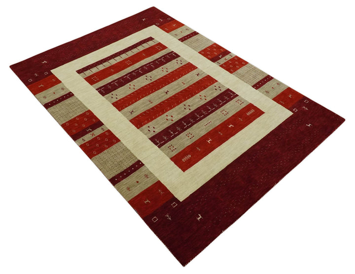 Red, Maroon and Beige Striped Wool Hand Woven Southwestern Lori Gabbeh Rug| KNT26 - The Rug Decor