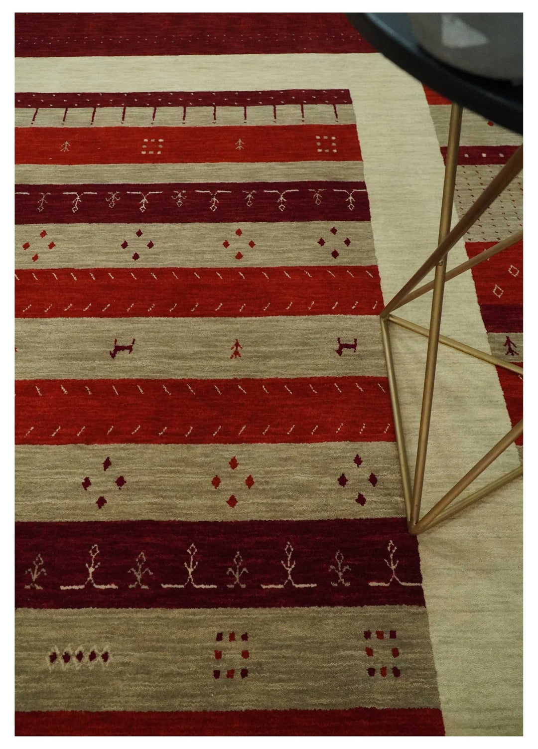 Red, Maroon and Beige Striped Wool Hand Woven Southwestern Lori Gabbeh Rug| KNT26 - The Rug Decor