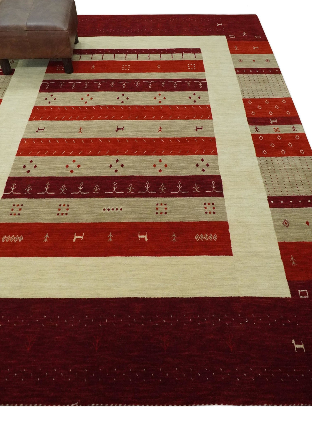 Red, Maroon and Beige Striped Wool Hand Woven Southwestern Lori Gabbeh Rug| KNT26 - The Rug Decor