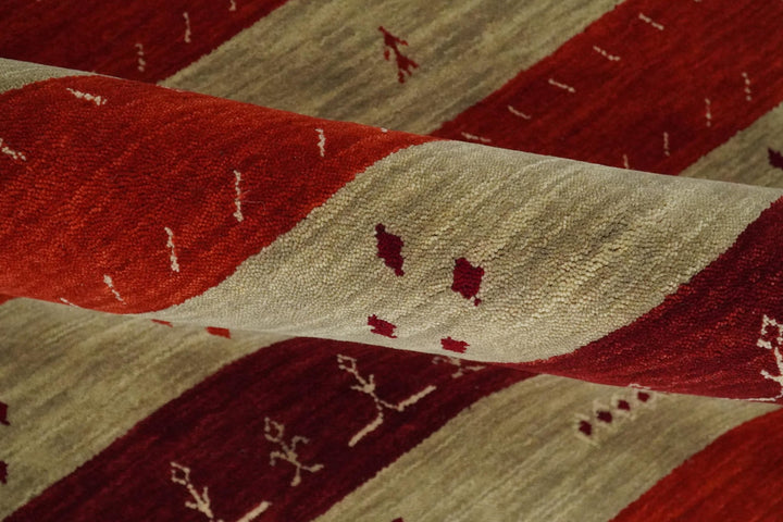 Red, Maroon and Beige Striped Wool Hand Woven Southwestern Lori Gabbeh Rug| KNT26 - The Rug Decor
