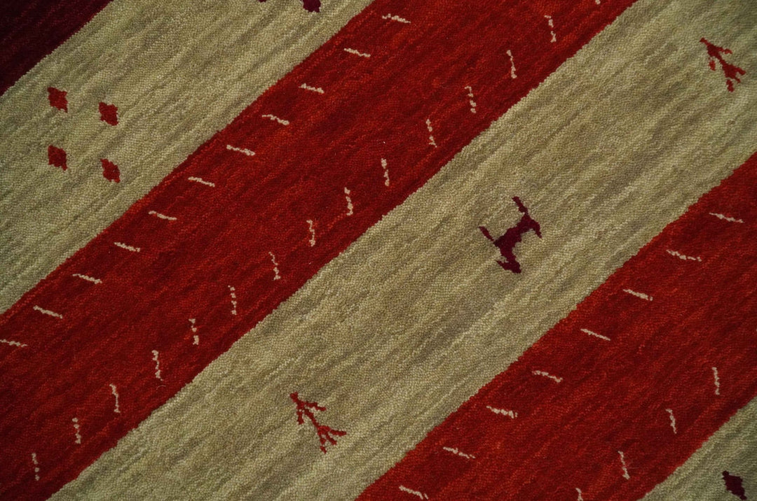 Red, Maroon and Beige Striped Wool Hand Woven Southwestern Lori Gabbeh Rug| KNT26 - The Rug Decor