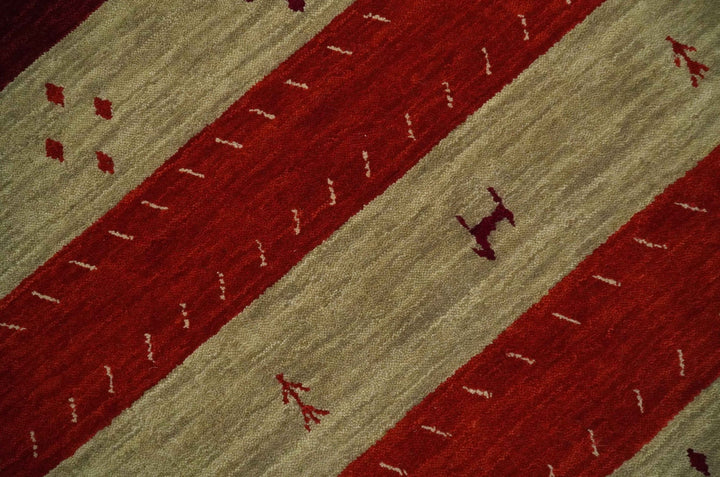 Red, Maroon and Beige Striped Wool Hand Woven Southwestern Lori Gabbeh Rug| KNT26 - The Rug Decor