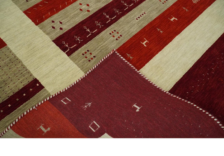 Red, Maroon and Beige Striped Wool Hand Woven Southwestern Lori Gabbeh Rug| KNT26 - The Rug Decor