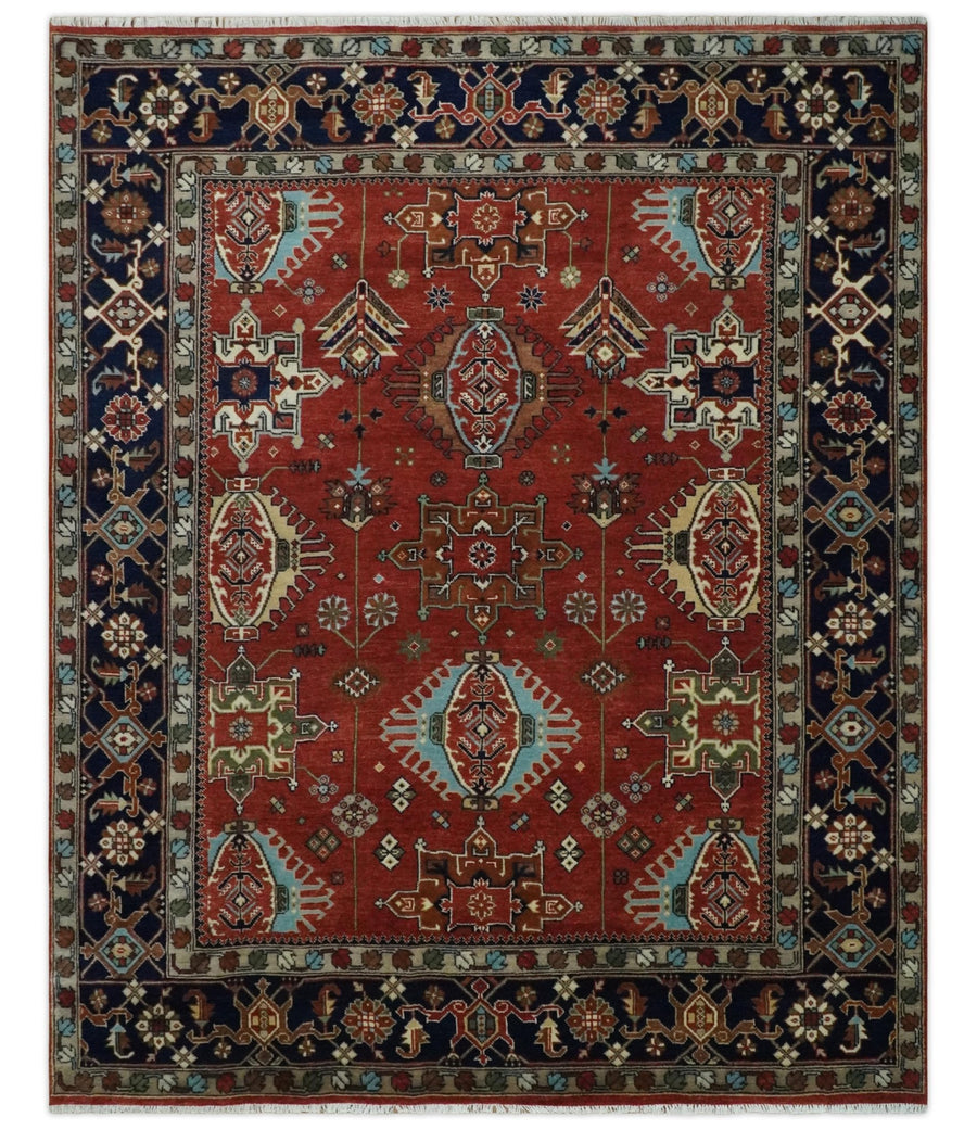 Rust, Blue and Beige Hand Knotted Antique 8x10 Traditional Wool Rug - The Rug Decor