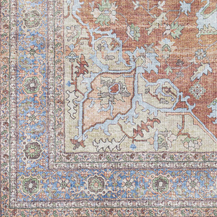 Rust, Blue and Beige Traditional Heriz Medallion Washable Area Rug - The Rug Decor