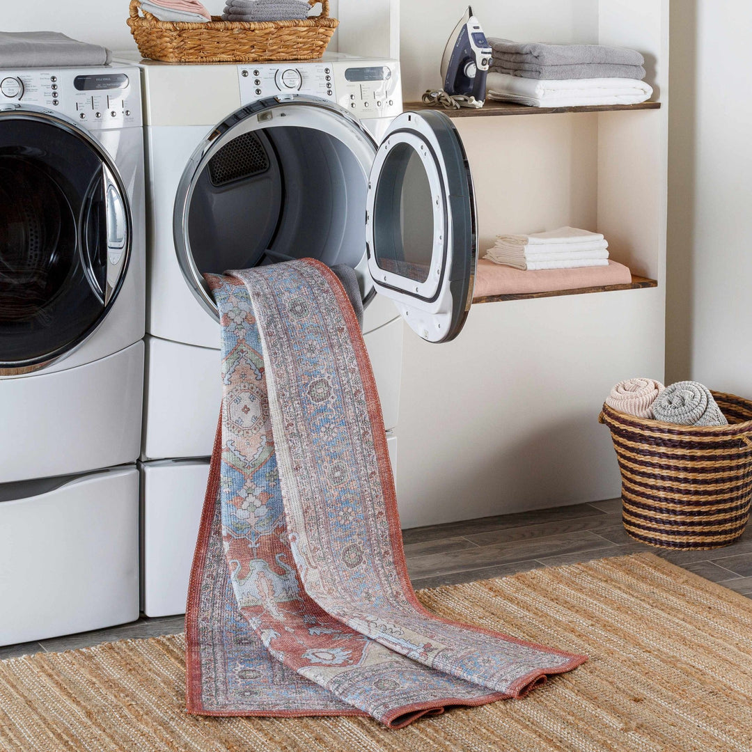 Rust, Blue and Beige Traditional Heriz Medallion Washable Area Rug - The Rug Decor