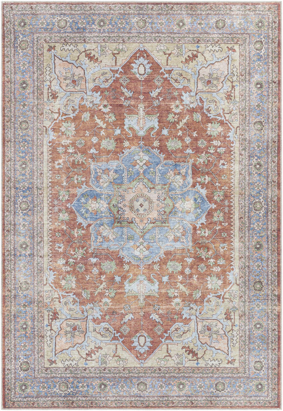 Rust, Blue and Beige Traditional Heriz Medallion Washable Area Rug - The Rug Decor