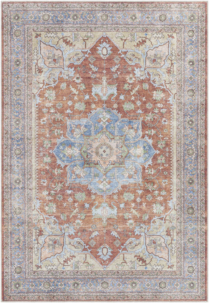 Rust, Blue and Beige Traditional Heriz Medallion Washable Area Rug - The Rug Decor