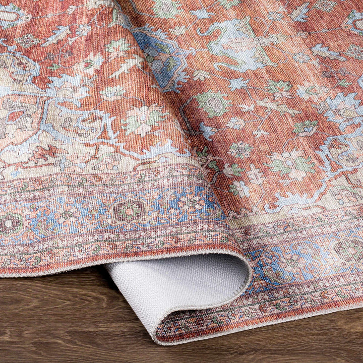 Rust, Blue and Beige Traditional Heriz Medallion Washable Area Rug - The Rug Decor