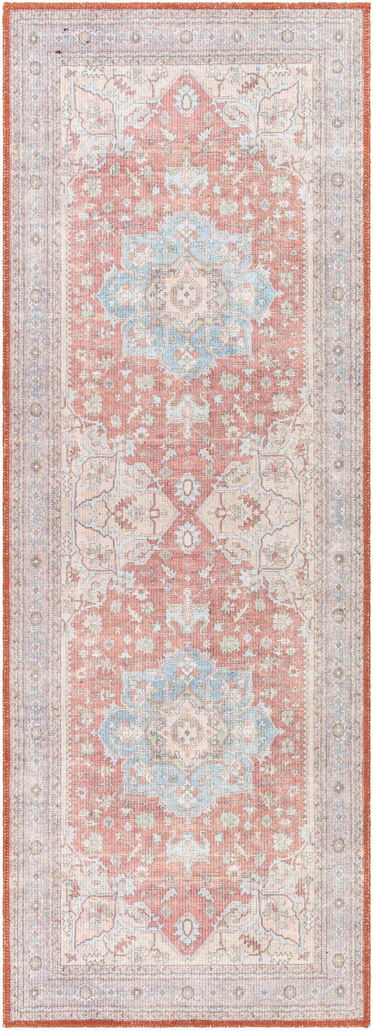 Rust, Blue and Beige Traditional Heriz Medallion Washable Area Rug - The Rug Decor