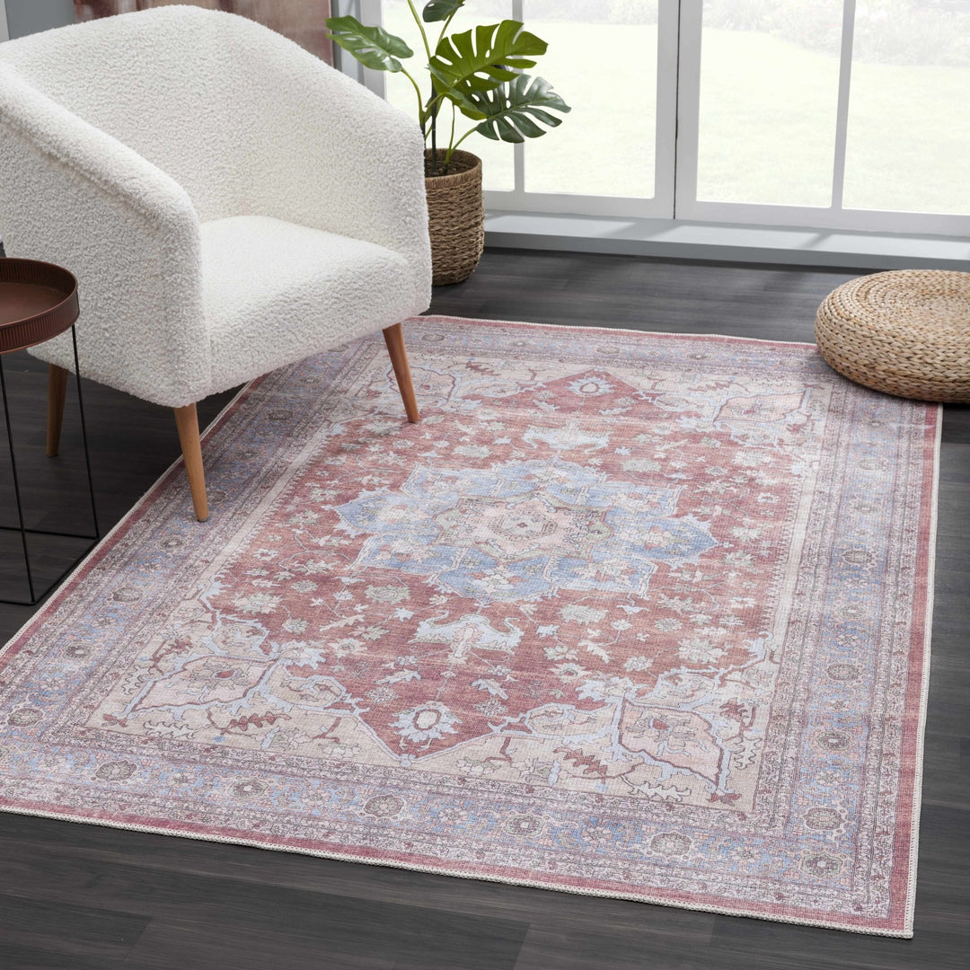 Rust, Blue and Beige Traditional Heriz Medallion Washable Area Rug - The Rug Decor