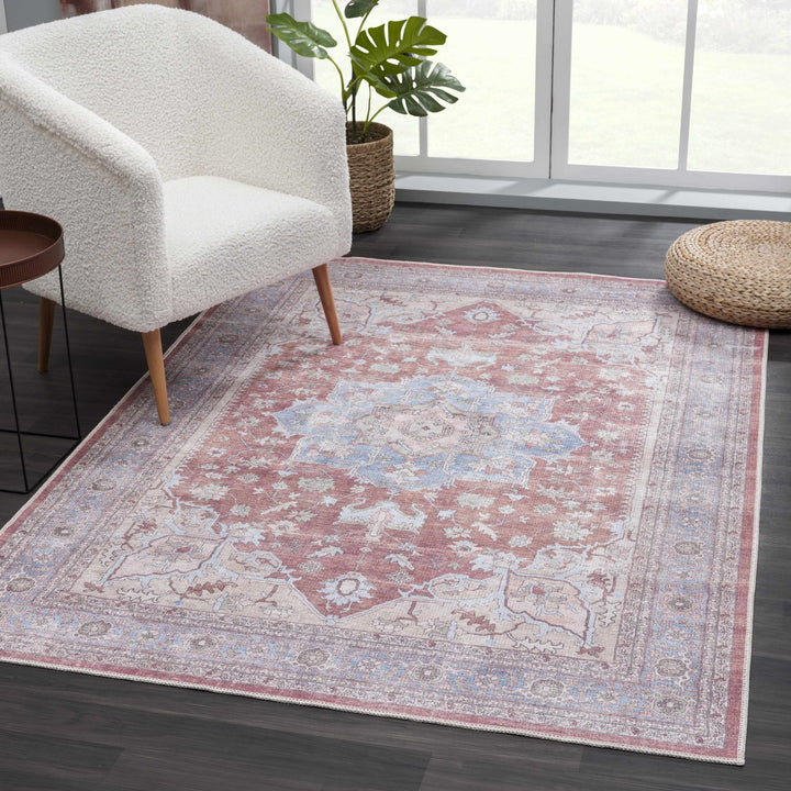 Rust, Blue and Beige Traditional Heriz Medallion Washable Area Rug - The Rug Decor