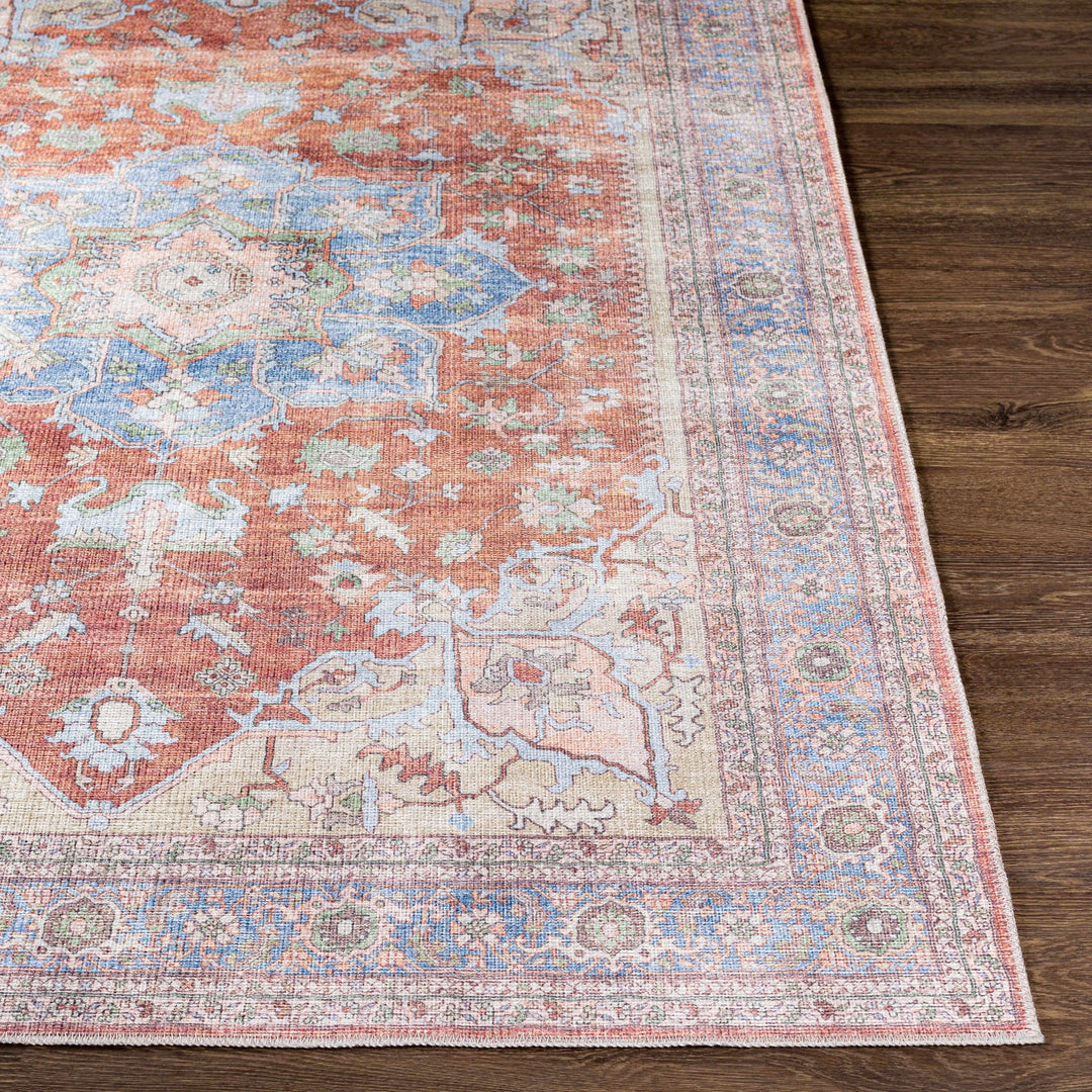 Rust, Blue and Beige Traditional Heriz Medallion Washable Area Rug - The Rug Decor