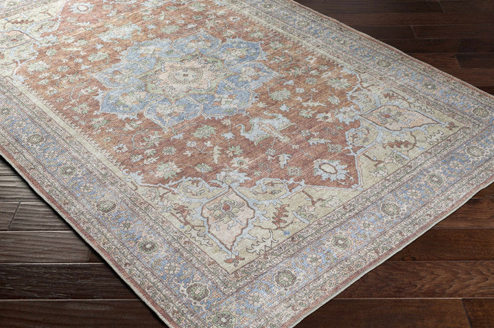 Rust, Blue and Beige Traditional Heriz Medallion Washable Area Rug - The Rug Decor