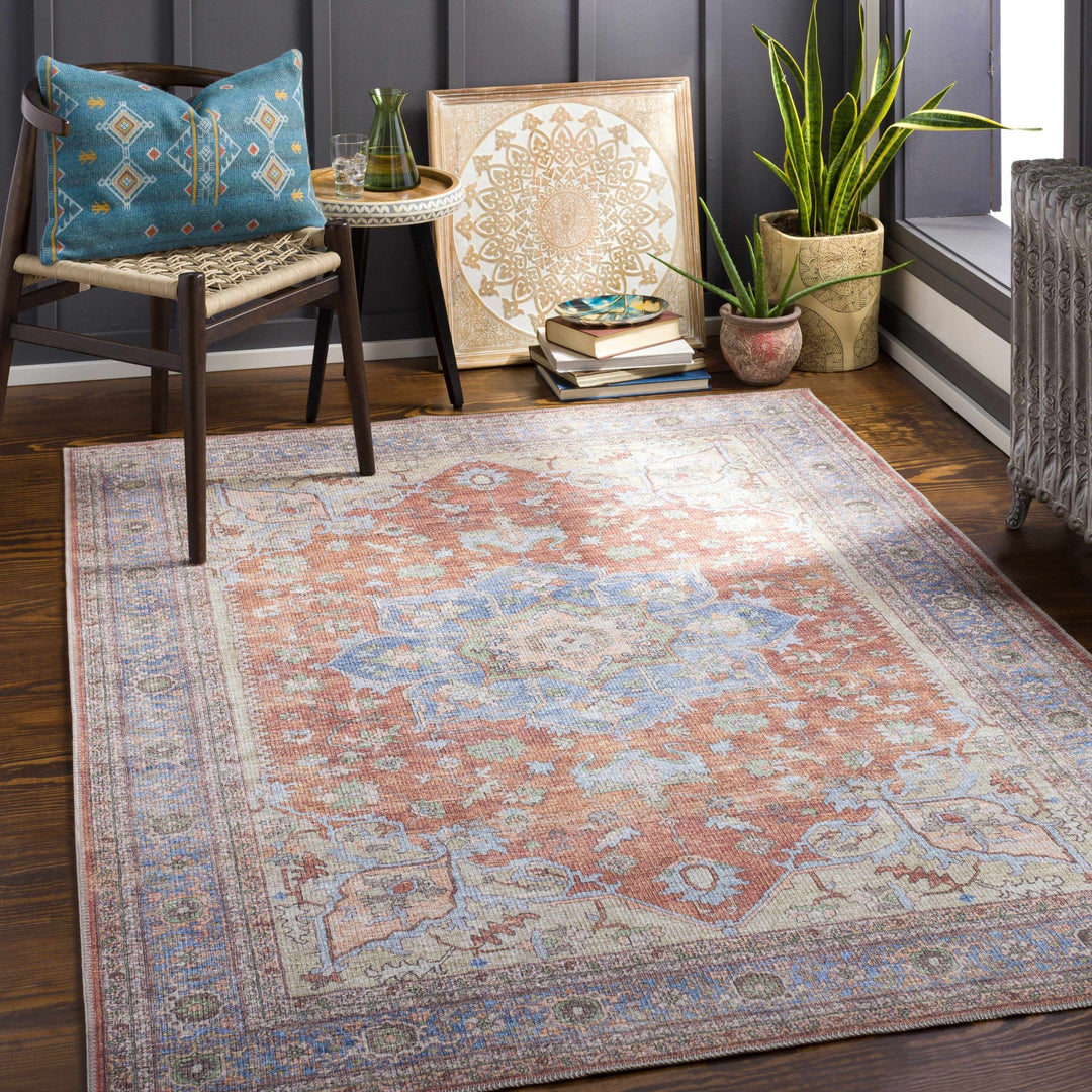 Rust, Blue and Beige Traditional Heriz Medallion Washable Area Rug - The Rug Decor