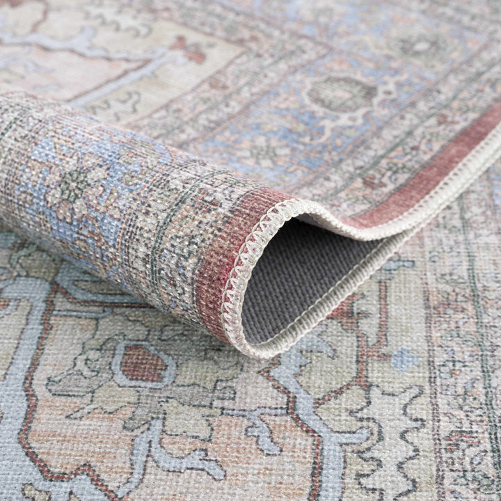 Rust, Blue and Beige Traditional Heriz Medallion Washable Area Rug - The Rug Decor