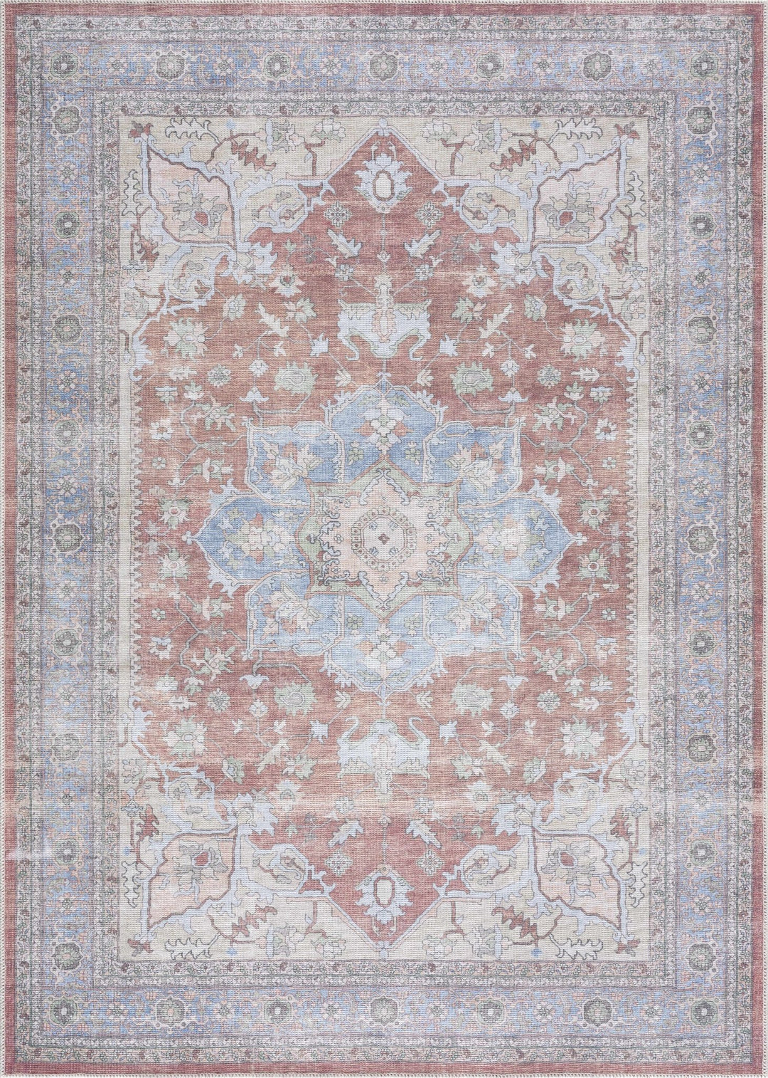 Rust, Blue and Beige Traditional Heriz Medallion Washable Area Rug - The Rug Decor