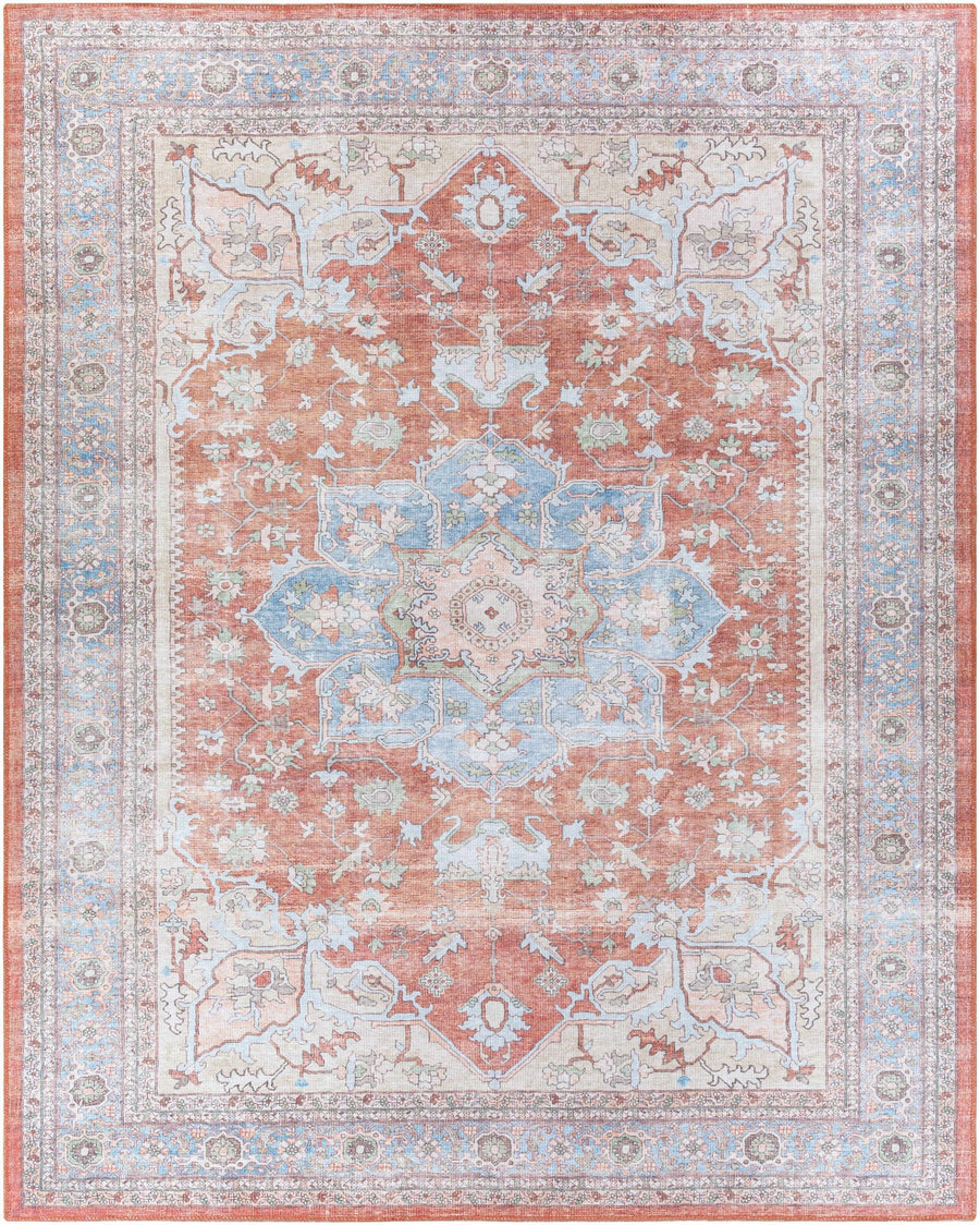 Rust, Blue and Beige Traditional Heriz Medallion Washable Area Rug - The Rug Decor