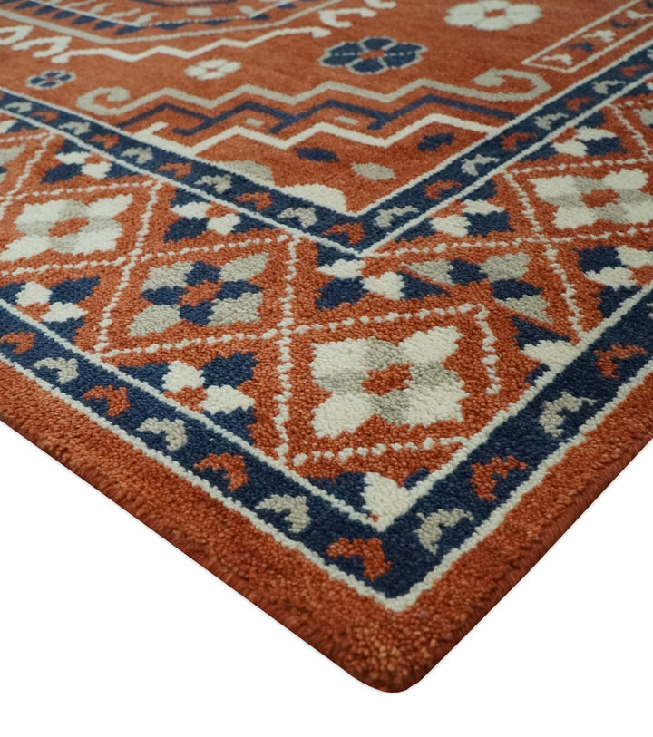 Rust, Ivory and Blue Traditional Mamluk design Hand Knotted Custom Made wool Area Rug - The Rug Decor