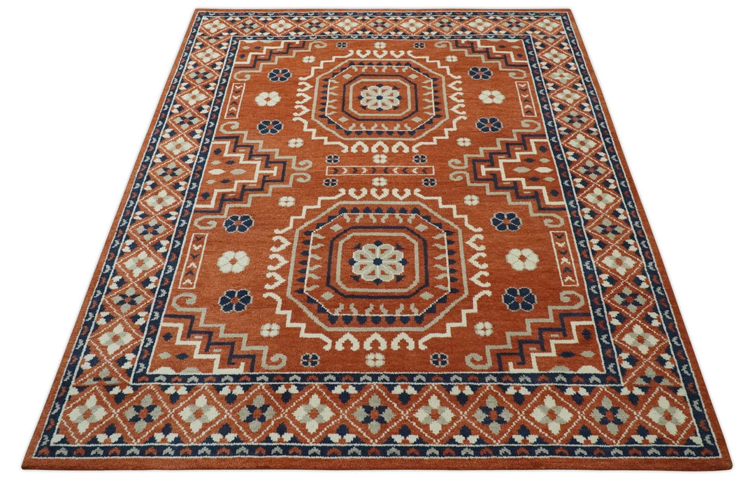 Rust, Ivory and Blue Traditional Mamluk design Hand Knotted Custom Made wool Area Rug - The Rug Decor