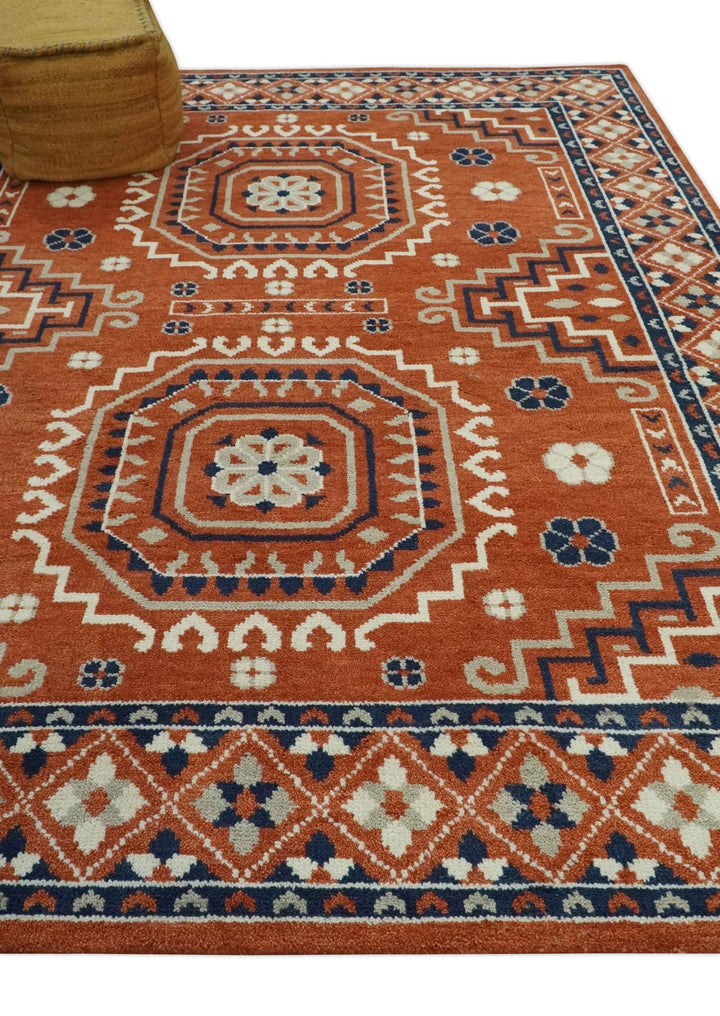 Rust, Ivory and Blue Traditional Mamluk design Hand Knotted Custom Made wool Area Rug - The Rug Decor